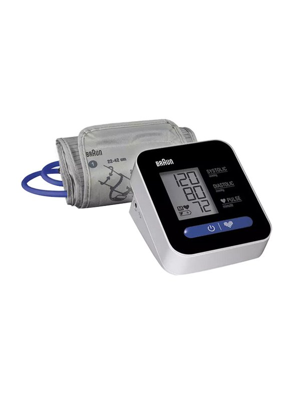 Automatic blood pressure monitor with large LCD display showing reading